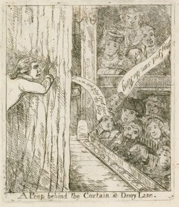 Een kijkje achter het gordijn bij Drury Lane; cartoon door English School