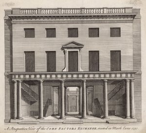 Een perspectief van de Graanhandelaarsbeurs, opgericht in Mark Lane 1751 door English School