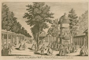 Een perspectivisch uitzicht op de Grote Wandelgang in Vauxhall Gardens, Londen, en het Orkest door English School