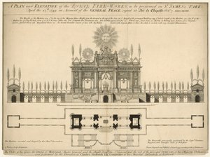 Een plan en elevatie van het Koninklijk Vuurwerk uitgevoerd in St James