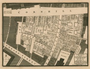 Een plan van huizen vernietigd in de brand die begon in Exchange Alley, Cornhill, Londen, op 25 maart 1748 door English School