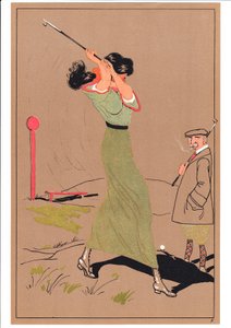 Een prent van twee golfers in komische en humoristische houdingen, ca. 1920 door English School