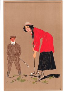 Een prent van twee golfers in komische en humoristische houdingen, ca. 1920 door English School