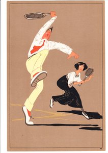 Een prent van twee tennisspelers in komische en humoristische houdingen, c.1920 door English School