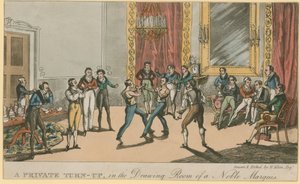 Een privégevecht in de salon van een edele markies (gekleurde gravure) door English School