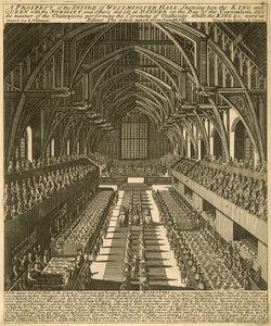 Een uitzicht op de binnenkant van Westminster Hall, waar de Koning en Koningin, met de adel en anderen, aan het diner zaten op de dag van de kroning door English School