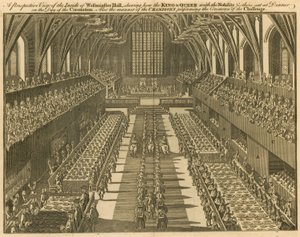 Een uitzicht op de binnenkant van Westminster Hall, waar de Koning en Koningin, met de adel en anderen, aan het diner zaten op de dag van de kroning door English School
