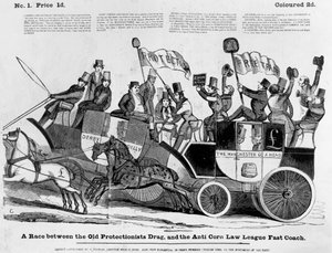 Een race tussen de Old Protectionist Drag en de Anti Corn Law League Fast Coach door English School