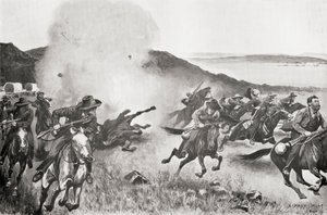 Een granaat van de Marine Brigade verdrijft Boeren van achter de Seven Sisters Kojes tijdens de actie van 7 maart