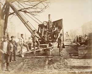 Een stoomkraan in werking tijdens de bouw van de Circle Line in Paddington, Londen, ca. 1890 door English School