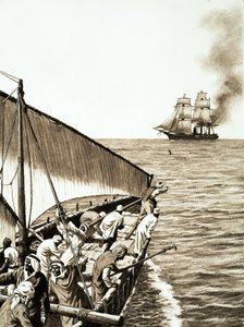 Een stoomschip aan de horizon, een Arabische dhow op de voorgrond door English School
