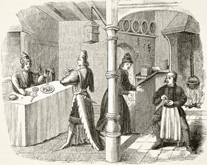 Een typische 15e-eeuwse eetkamer en keuken, uit 