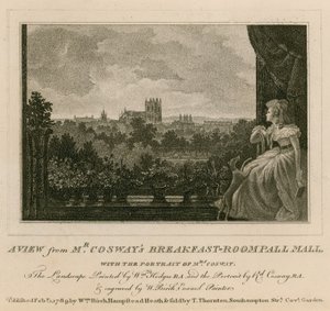 Een uitzicht vanuit de ontbijtkamer van Mr. Cosway, Pall Mall, met het portret van Mrs. Cosway door English School