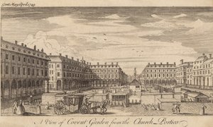 Een uitzicht op Covent Garden, Londen, vanaf het kerkportiek
