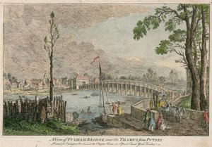Een uitzicht op Fulham Bridge, Londen, over de rivier de Theems vanuit Putney door English School