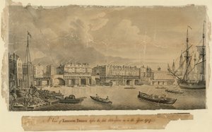 Een uitzicht op London Bridge voor de laatste wijziging zoals in het jaar 1757