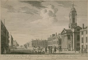 Een uitzicht op St Georges Church, Hanover Square, vanaf Conduit Street, Londen door English School