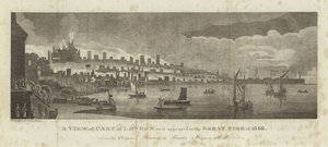 Een deel van Londen tijdens de Grote Brand van 1666 door English School