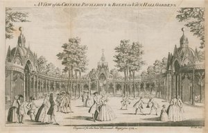 Een uitzicht op de Chinese Paviljoens en boxen in Vauxhall Gardens, Londen door English School