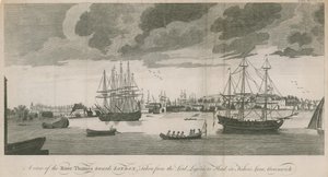 Een uitzicht op de rivier de Theems richting Londen, genomen vanaf het hoofd van Lord Ligonier in Fishers Lane, Greenwich