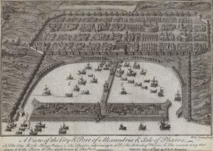 Een uitzicht op de stad en haven van Alexandrië en het eiland Pharos, Egypte, 1738