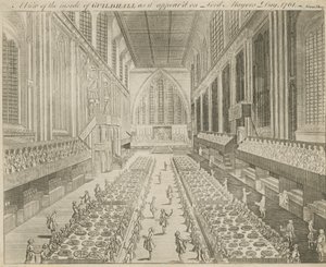 Een blik op de binnenkant van Guildhall zoals het verscheen op de dag van de burgemeester, 1761 door English School
