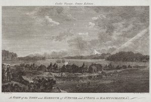 Een uitzicht op de stad en haven van St. Peter en St. Paul in Kamtsjatka