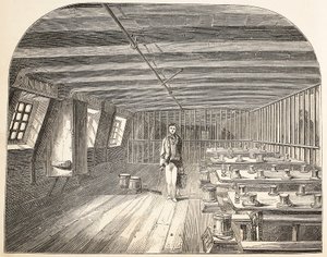 Een afdeling aan boord van de Defence hulk ingericht voor de terugkeer van de gevangenen voor het diner, illustratie uit The Criminal Prisons of London and Scenes from Prison Life door Henry Mayhew en John Binny, uitgegeven 1862 door English School