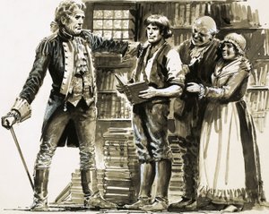 Een rijke buurman ziet Samuel Johnson werken in een boekwinkel door English School