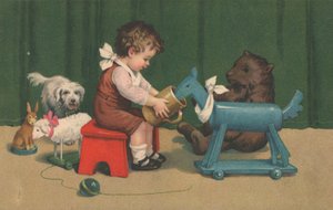 Een jonge jongen speelt met zijn speelgoed in een kinderkamer door English School