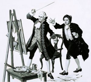 Een jonge man sneed een onvleiend portret van zijn vader door Hogarth met een zwaard door English School