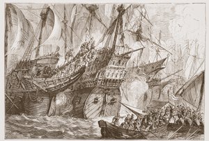 Gevecht tussen de Spaanse vloot en de schepen van de Watergeuzen, illustratie uit De Geschiedenis van het Protestantisme door James Aitken Wylie, 1878 door English School