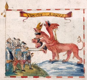 Parlementaire soldaten die het beest van de Apocalyps aanvallen, uit 