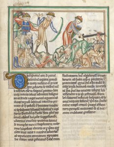 Add 35166 f.35 Mensen worden gedood, Bijbelse scènes uit de Apocalyps van St. Johannes, Apocalyps in het Latijn met commentaar door English School