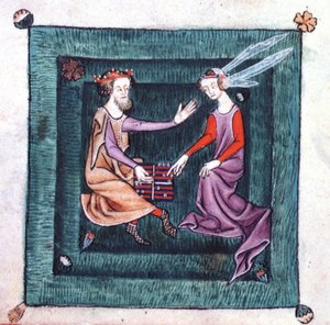 Een Koning en Dame zittend in een tuin, een bordspel spelend dat lijkt op backgammon, uit de Luttrell Psalter, begonnen voor 1340 voor Sir Geoffrey Luttrell