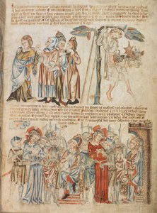 Judas geeft de dertig zilverstukken terug; de dood van Judas; Christus voor Pilatus en voor Herodes, uit Holkham Bible Picture Book, ca. 1320-30
