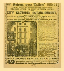 Advertentie voor Doudney & Son, City Clothing Establishment, 49 Lombard Street, Londen