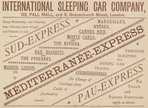 Advertentie voor International Sleeping Car Company, 122 Pall Mall en 5 Graceshurch Street, 1888 door English School