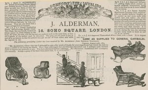 Advertentie voor J Alderman, fabrikant van invalidenwagens (gravure) door English School