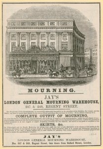 Advertentie voor Jays, London General Mourning Warehouse, 247 & 249 Regent Street, Londen door English School
