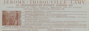 Advertentie voor Jerome Thibouville-Lamy, 10 Charterhouse Street, Londen, instrumentmaker door English School