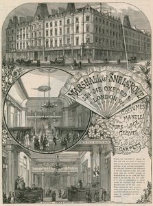 Advertentie voor Marshall & Snelgrove, zijdehandelaren, kantmakers, hosiers, van Vere Street, Oxford Street, Londen door English School