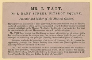 Advertentie voor Mr I Tait, uitvinder en maker van de muzikale glazen door English School
