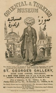 Advertentie voor The Oriental and Turkish Museum at St Georges Gallery, Hyde Park Corner, Piccadilly, Londen