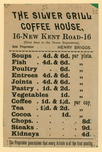 Advertentie voor The Silver Grill Coffee House, 16 New Kent Road, Londen