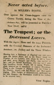 Advertentie voor The Tempest; of, The Distressed Lovers, uitgevoerd bij Millers Booth, Cross Daggers, nabij de Crown Tavern