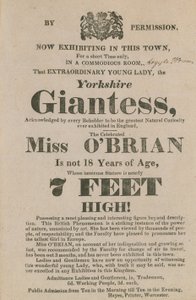 Advertentie voor een optreden van Miss OBrian, de Yorkshire Reuzin door English School