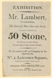 Advertentie voor een tentoonstelling met de heer Daniel Lambert die 50 stenen woog door English School