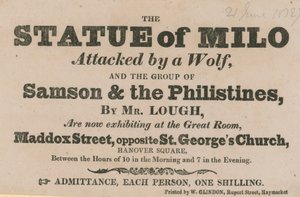 Advertentie voor een tentoonstelling van het Standbeeld van Milo aangevallen door een Wolf door English School