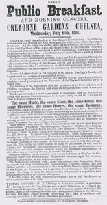 Advertentie voor groot openbaar ontbijt en ochtendconcert, Cremorne Gardens, Chelsea door English School